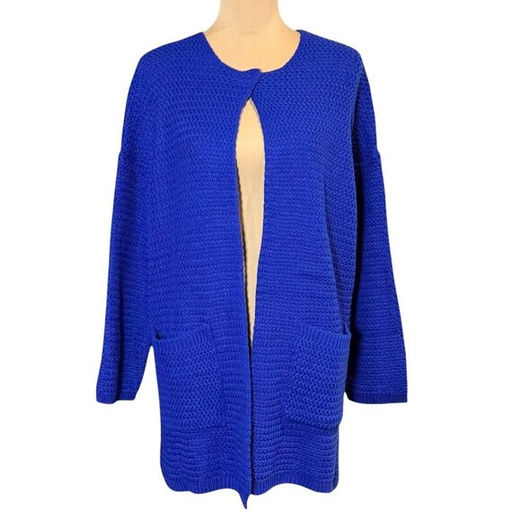 NWOT Beulah Chunky Knit Long Cardigan Sz.XL Royal Blue Pockets Minimalist Preppy - Picture 2 of 12